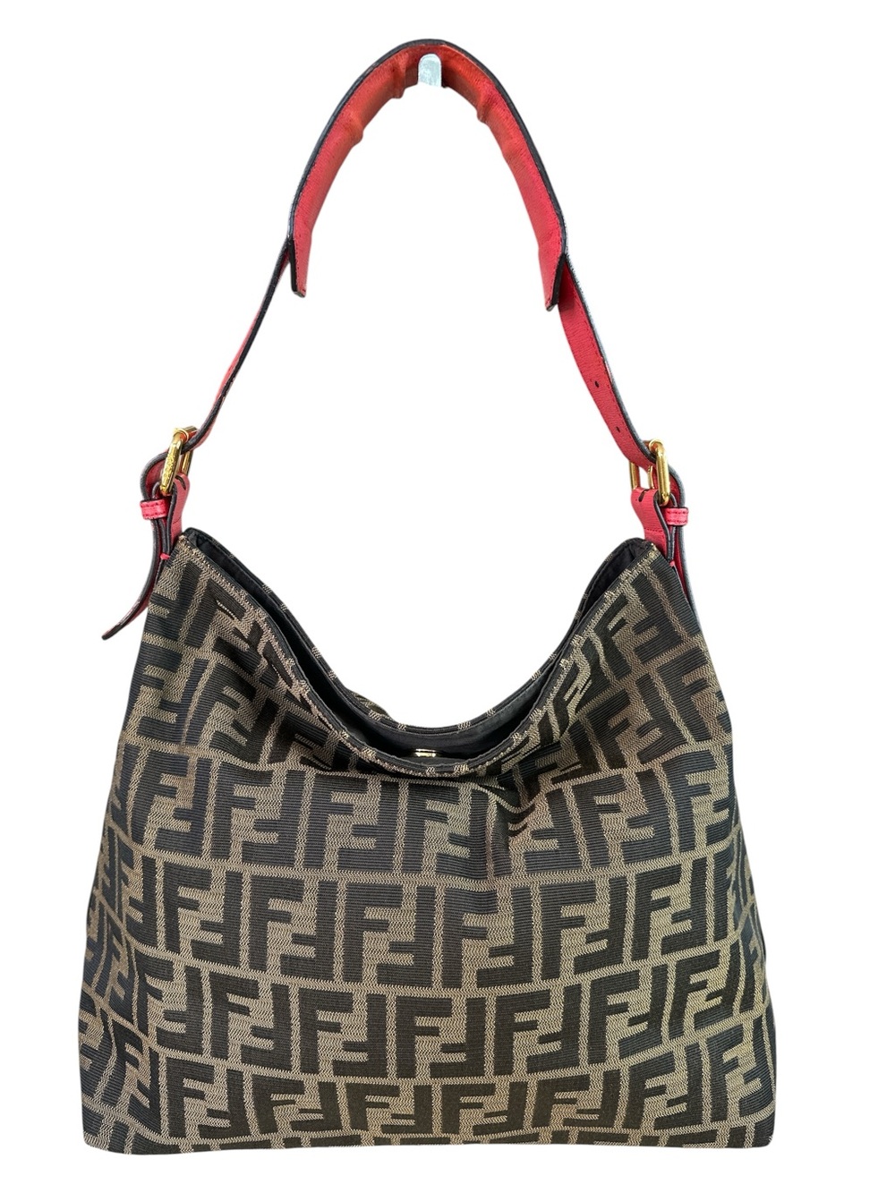 Fendi Monogram Hobo Bag in Brown, Black and Red Strap